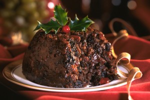 christmas-pudding-on-red-tablecloth