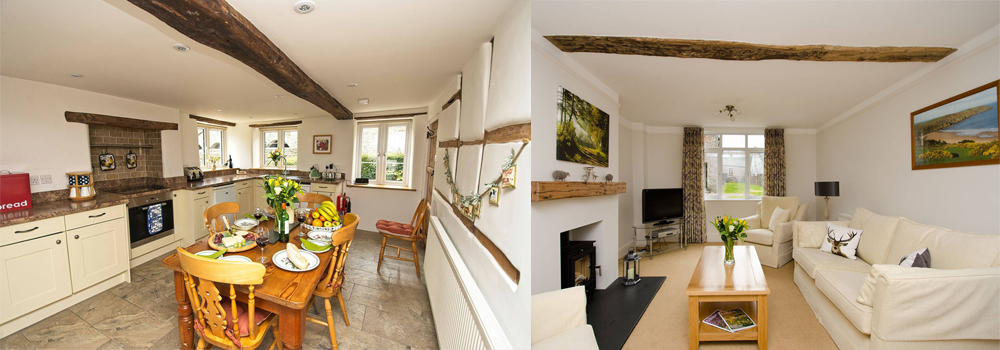 Kitchen and Living room at Pickwell Barton, North Devon. 